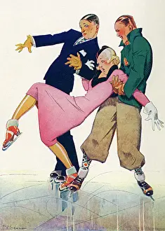 Drucke von Illumination zeichnet zwei Herren, die versuchen, eine ungeschickte Dame auf einem Eislauf zu stabilisieren. Datum: 1934 V Drucke: Eislaufen von René Vincent