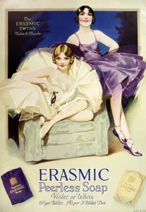 Drucke von Anzeige aus dem Jahr 1929 für das Seifen von Erasmus mit den Zwillingen Violet und Blanche ILN Drucke: Erasmuslose Seife