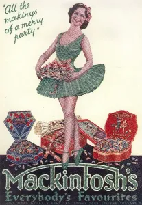 Drucke von Vollseitenfarbenwerbung für die MacIntosh-Süßware aus dem 1933er ILN-Weihnachtsheft ILN Drucke: Toffifüsse von Mackintosh