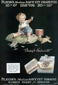 Drucke von Kind mit Spielzeug eine Handvoll Zigaretten anbietet ILN Drucke: Spielernäher Cigarettenwerbung
