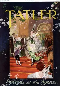 Drucke von Ein Frontdeckelillustration aus dem Magazin The Tatler, die schicklich gekleidete Frauen zeigt, die das Hotel Savoy in London betreten ILN Drucke: Springen am Savoie