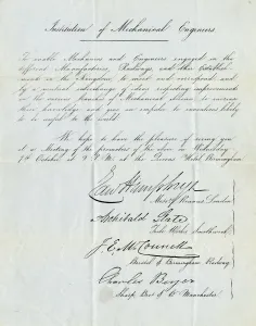 Gründungsurkunde (1846) - Einrichtung der IngenieurMechaniker ( IMechE ). Datum: 1846