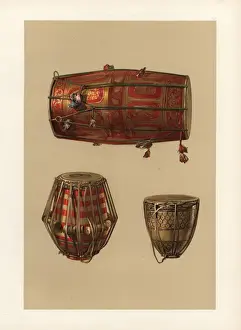 Chromolithograph Art Prints Drucke: Indian percussion instruments: tabla, m ridang and nahabat