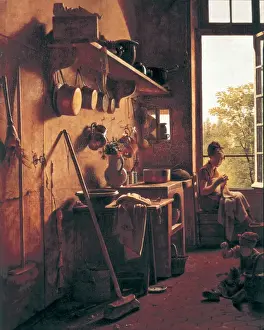 Drucke von Innenaus eines Kuchens, bemalt 1815 von Martin Drolling (1752-1817). Linker Detail. Die Darstellung zeigt eine Frau näht und einen Jungen Martin Drolling Drucke: Innenaus eines Kuchens von Martin Drolling