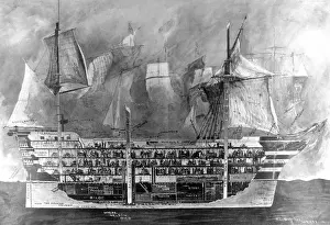 Drucke von Dies ist ein Abschnittsbild des Innern der HMS Victory, Nelsons Flaggschiff. Es zeigt die Schlacht bei Trafalgar im Jahr 1805 auf dem Triumph der HMS Victory Schlacht Von Trafalgar Drucke: Innenausstattung der Flagmanne von Admiral Nelson, HMS Victory bei Trafalgar