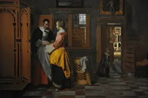 Innenausstattung mit Frauen neben einem Leinenkorb, 1663 von Pieter
