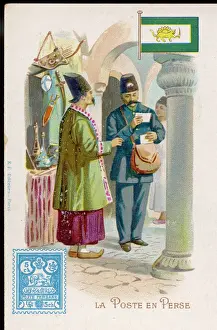 Drucke von Ein iranischer Postboten im westlichen Uniform trägt Briefe zu einem Ladenbesitzer mit traditioneller Kleidung ab. Datum: um 1900 Verwandte Bilder Drucke: Der iranische Briefträger