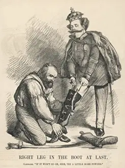Drucke von Rechtspolter im Schuh endlich. Garibaldis Schwierigkeiten mit dem Einpassen des Kaisers in den Schuh Italiens: Wenn es nicht passt , Ehrwürdiger Herr, versuchen Sie ein wenig mehr Pulver Garibaldi Drucke: Italienische Einigung