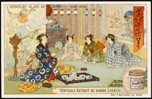 Drucke von Soziale Besuche unter den Japanern neigen dazu sehr formell zu sein – der Teezeremonie ist ein ritualisierter Vorgang und die Gastgeberin wird auf ihre Fähigkeit, ihn gut durchführen zu können Historische Feste Und Traditionen Drucke: Japanische Besuch