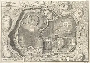 Drucke von Plan der Stadt im biblischen Zeitalter : Die Stadt David ober links , Salomonstempel mittleres Zentrum , die Stelle des Jhesu-Kreuzigungs oberhalb des Mittelpunkts Karte Drucke: Jerusalem/Plan 1C Ad
