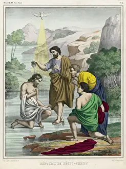 Drucke von Johannes taufte Jesum während der Helligkeit des Heiligen Geistes über ihm : sowohl Johannes als auch das kniende Gesicht Jesu scheinen auf dem Wasserflächen von Jordans Fluss zu liegen Columbiformes Drucke: Jesu wurde von Johannes getauft