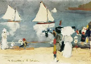 Drucke von José Joaquín Sorolla y Bastida (1863 - 1923). Strand im Hafen von La Concha an der Bucht von San Sebastián, Spanien 1912. Öl auf Leinwand Impressionistische Gemälde Drucke: Joaquín Sorolla, Strand von La Concha