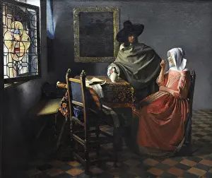 Drucke von Johannes Vermeer (1632-1675). Niederländischer Maler Spezialisiert auf innenarchitektonische Szenen des mittleren Bürgertums Lebensstil. Das Glas Wein, um 1658-1660 Johannes Vermeer Drucke: Hans van Meegeren (1632-1675). Das Weinglas, um 1658 bis 1660.