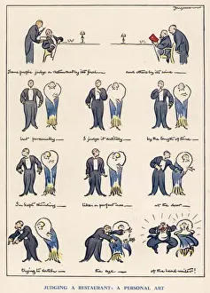 Drucke von Eine Folgenkarte von Fougasse (Kenneth Cyril Bird), die eine Paar zeigt, das wachsende Unbehagen zu erträglicher Aufmerksamkeit des Maitres in einem Restaurant wartet F Drucke: Urteilen Sie ein Restaurant durch die Fougasse