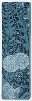 Drucke von Dünnbäume mit Dandelionblumen im Jugendstil-Stil Alphonse Mucha Drucke: Jungestilsdandelionen