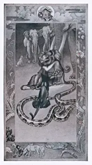 Drucke von Balo der Bär, Kaa die Schlange, Bagheer der Löwe und die Elefanten Rudyard Kipling Drucke: Jungelfachwerk / Kipling