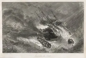19th Century Sailing Ship Drucke: THE KENT ABLAZE