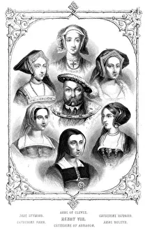 Drucke von Porträt des Königs von England mit allen seinen Ehefrauen, Seymour/Cleves/Howard, Henry VIII Parr/Aragon/Boleyen Verwandte Bilder Drucke: König Heinrich VIII und seine Ehefrauen