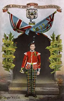 Drucke von Königliche schottische Grenztruppen - Die Uniformierung, Regimentsfahnen, Wappen und Listen zu internationalen Einsätzen sind auf dieser Karte dargestellt. Datum: 1913 Verwandte Bilder Drucke: Königliche own schottische Grenztruppen