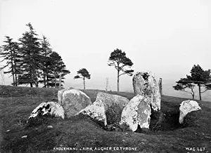 Drucke von Der Knockmany Cairn in Augher im Grafschaft Tyronne Nordirlands - ein Blick auf eingravierte Steine. (Standort : Nordirland, Grafschaft Tyronne, Augher). Datum : um frühes Jahrhundert 1900 Grafschaft Tyrone Drucke: Knockmany Cairn in Augher im County Tyrone