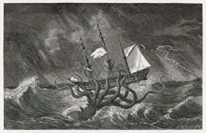 Der Kraken greift ein Schiff im Sturm an