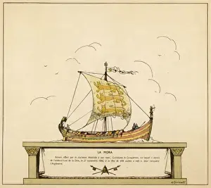 Drucke von Dies ist die Schiffe welche den Wilhelm dem Eroberer nach England brachte ; es kann gesegelt oder gerudert werden ,oder beide Mora Drucke: Die LA Mora, Schiff von Williams