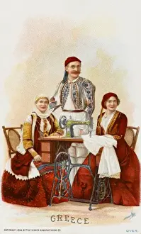 Traditional Greek Clothing Drucke: Ladies from Greece using a Singer Sewing Machine
