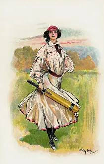 Drucke von Eine kräftige junge Frau, die mit einem Schläger kämpft, als Organisierte Damen-Kricket noch im Anfangsstadium war. Künstler: Dudley Hardy Datum: 1902 Dudley Hardy Drucke: Herzogin im Cricketsport, 1902