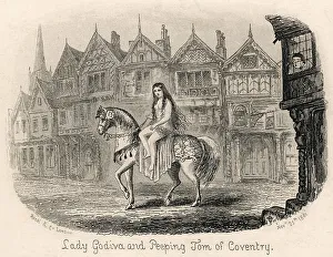Drucke von Idee einer Dame, die Lady Godiva genannt wird, reitet nackt auf ihrem Pferd durch den Straßenbezirk von Coventry und beobachtet sie Peeping Tom. Datum: 1860 Verwandte Bilder Drucke: Dame Godiva