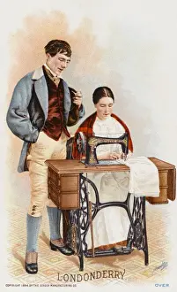 Singer Sewing Machine History Drucke: Lady from Londonderry using a Singer Sewing Machine