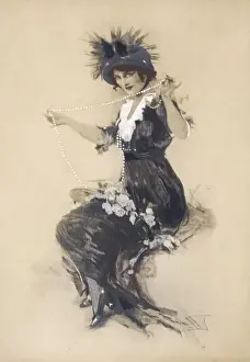 Elegantly Dressed Lady Drucke: Lady playing with a long string of pearls