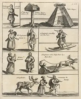 Drucke von In der Lappensiedlung im lappländischen Land während des alltäglichen Lebens mit Rehern lebend und arbeitend, um das Jahr 1650 Rentier Drucke: Lappen in Lappland