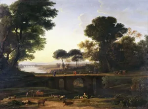 Drucke von Gemälde des Landschafts malt der Künstler Claude Lorrain (1600 - 1682). Im Vordergrund ein Schäfer mit seinen Schafen und im Mittelgrund eine Herde auf einer Straße. Datum: 17. Jahrhundert L Drucke: Landchaftsmalerei von Claude Lorrain