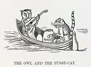Drucke von Der Fuchs und der Eulenspiegel gingen zur See, In einem schönen Grünpfefferboot; Sie nahmen ein Honig und viel Geld mit sich, Verpackt in einen fünf-Pfund-Notzehner L Drucke: Kuh und Eule/Puusa Katze/C19