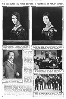 Drucke von Seite aus dem Illustrated London News über das Schmähkrieg um den Titelgerichtsfall zwischen Kunsthändler Joseph Duveen und Frau Andree Ledoux Hahn mit Bezug zu einem Gemälde von Leonardo da Vinci Leonardo Da Vinci Drucke: Der Streit um den Leonardo von Leoardo da Vinci - Joseph Duvene