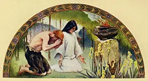Drucke von Washington DC, USA - Mural - Die Besetzung des Tages von Charles Sprague Pearce (1851-1914). Im Library of Congress, Thomas Jefferson Building. Religion. Anbeten vor einem Altar aus Feuer J Drucke: Bibliothek des Kongresses Wandgemälde - Die Besetzung eines Tages