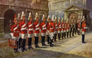 Drucke von Vieruhr-Parade der ersten Leibgarde bei dem Pferdewachenplatz in Whitehalls, Westminster. Künstler: Harry Payne Datum: 1908 Whitehall Drucke: Die Leibgarde