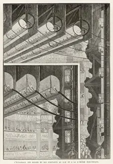 Drucke von Die Beleuchtung des neuen Bühnenscheinwerfers und Gas- und Elektrizitätslampen am Pariser Opernhaus Oper Drucke: Beleuchtung am LOOPER Haus 1887