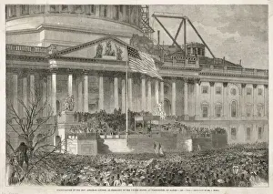 Drucke von Einführung von Abraham Lincoln als Präsident der Vereinigten Staaten in Washington vor dem teilweisen fertigen Kapitolgebäude Abraham Lincoln Drucke: Lincolns Amtseinführung
