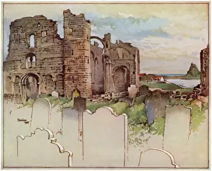 Drucke von Die alte Ruine des Klosters auf der Heiligeninsel Lindisfarne im Nordumberland liegt in der Ferne das Schloss, das sich auf seinem Whinstonkraterrücken befindet. Im 16 Historische Schlösser Drucke: Lindisfarne - Heiliger Insel