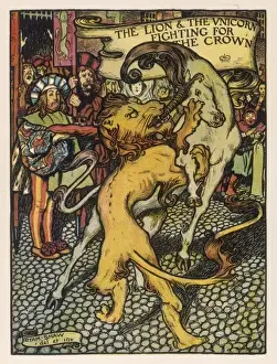 Drucke von Der Löwe und die Einhorn kämpfen um den Krone; der Löwe besiegt das Einhorn überall in der Stadt Kinderzimmer Drucke: Der Löwe und die Einhorn