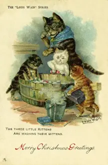 Drucke von Die drei kleinen Katzen waschen ihre Mütten des 19.Jahrhunderts Kinderzimmer Drucke: Zwei kleine Katzen und ein kleiner Kater