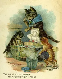 Drucke von Drei kleine Katzen waschen ihre Mützen, Künstlerin/Louis Wain, Traditioneller Kinderreim Datum: um 1905 Kinderzimmer Drucke: Drei kleine Katzen waschen ihre Mützen