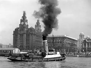 Merseyside Drucke: Liverpool und Hafen-Tugschiff