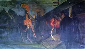 Pferde auf ein Zug zu laden, nachts, WW1.