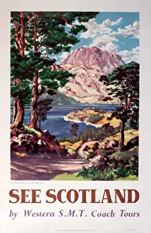 Drucke von Plakat für das See-Schottland-Kampagnenprogramm für Western SMT-Busfahrten mit dem Loch Maree und der Slioch (3217 m hoch) – Wester Ross, Schottland. circa 1960ern Landschaftliche Gemälde Drucke: Lough Maree und Slioch - Reiseplakat