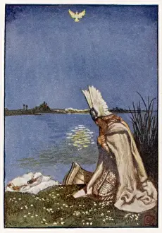 Drucke von Lohengrin und die Taube der Heiligen Graal, wer sein Boot zieht (ersetzt den Schwanz des Swans), zu Monsalvath Datum: Erst vorgetragen am 1. Mai 1850 W Drucke: Lohengrin und die Taube