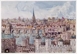 Drucke von Alt London Bridge im Jahr 1386 Stadt London Drucke: Londons Brücke 1386