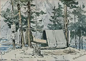 Drucke von Campingplatz von Herrn Baden-Powell beschrieben als mein Haus im Wald. Pfeile mit Beschreibungen zeigen auf Bereiche, die als Zimmer bezeichnet werden Aquarellbilder Drucke: Haus Lord Badens-Powell im Wald