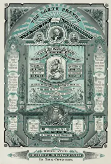 Drucke von Die Lord's-Prärie und die Zehn Gebote. Das Druckstück zeigt die Lord's Prayer und die Zehn Gebote abwechselnd mit verschiedenen religiösen Symbole und religiösen wie säkularen Erinnerungen an Film und Filmplakate: Die Herrnmesse und die Zehn Gebote